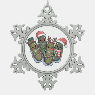 Pickles with Reindeer Horns Santa Pickle Lovers   Snowflake Pewter Christmas Ornament