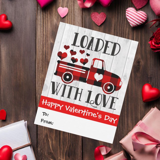 Pickup Truck Buffalo Plaid Heart Valentine's Day Card (loaded with love valentines day card)