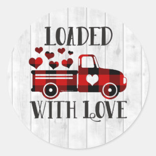 Pickup Truck Buffalo Plaid Heart Valentine's Day Classic Round Sticker