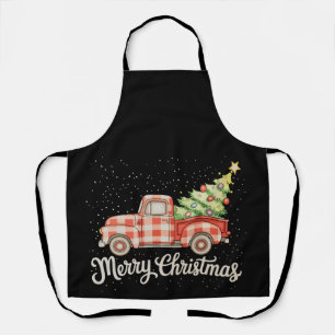 Pickup Truck Red Buffalo Plaid Merry Christmas Apron