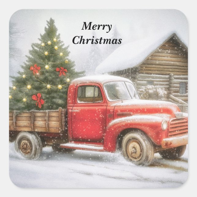 Pickup truck with Christmas tree Square Sticker (Front)