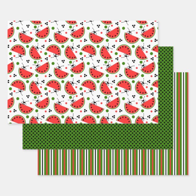 Picnic Ant Peeking Watermelon Polka Dot Striped Wrapping Paper Sheet (Set)