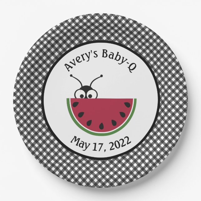 Picnic Ant Watermelon Black Gingham  Paper Plate (Front)