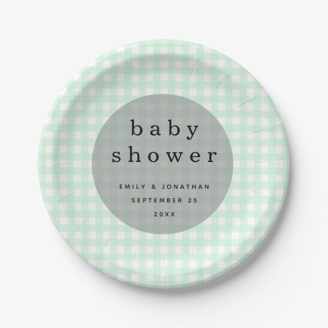 Picnic Baby Shower Names Date Green Gingham Paper Plate (Front)
