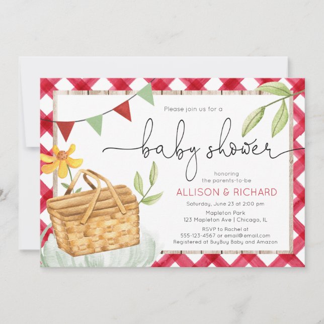 Picnic baby shower, picnic in the park red gingham invitation (Front)