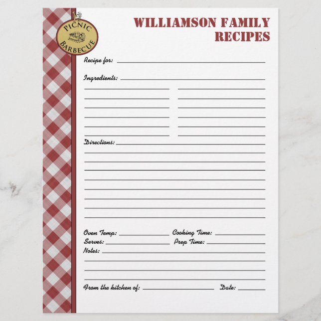 Picnic Barbecue Red Chequered Custom Recipe Page (Front)
