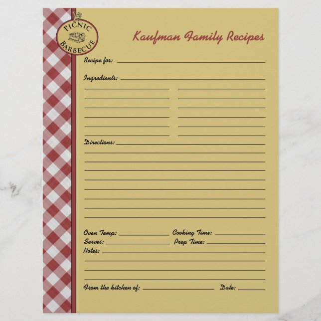 Picnic Barbecue Red Chequered Custom Recipe Page (Front)