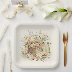 Picnic Basket with Wine Bottle Paper Plate