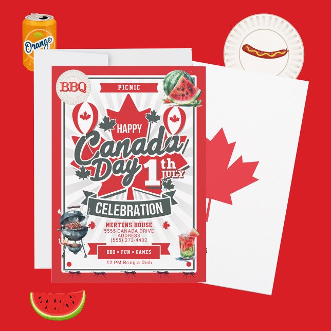 Picnic BBQ Happy Canada Day Celebration Invitation (BBQ Picnic celebrating the summer indepence day of Canada Day on July 1st.)