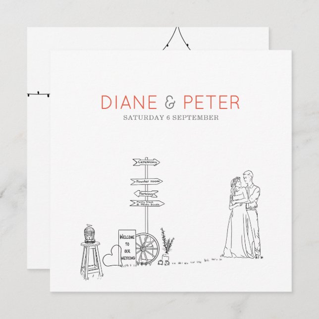 Picnic Garden Minimalist Black and White Wedding Invitation (Front/Back)