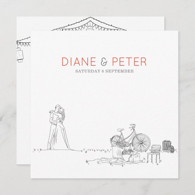 Picnic Garden Minimalist Black and White Wedding  Invitation (Front/Back)