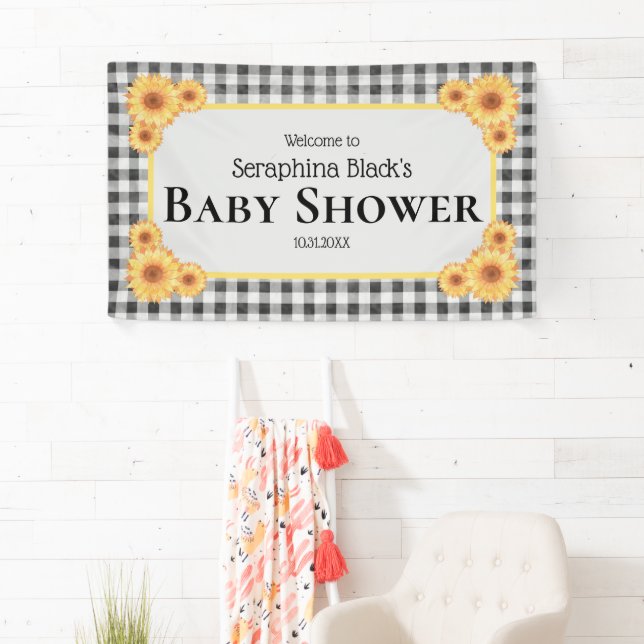 Picnic Gingham Sunflower Baby Shower Welcome Banner (Insitu)