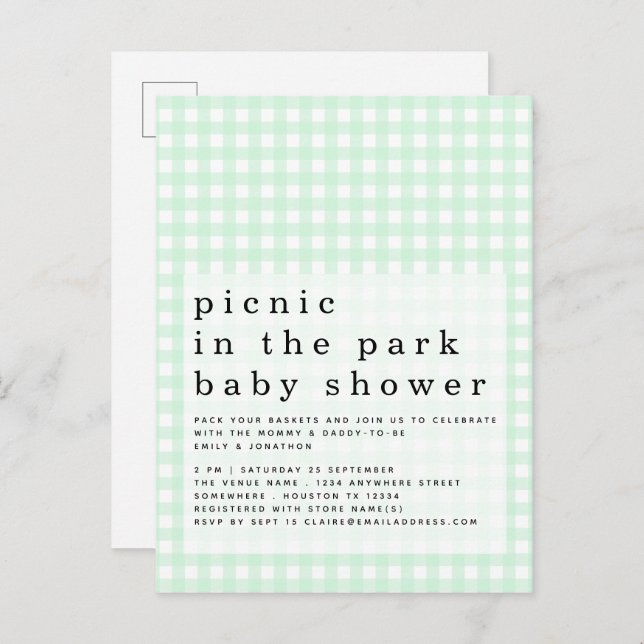 Picnic In Park Baby Shower Green Gingham Invite Postcard (Front/Back)