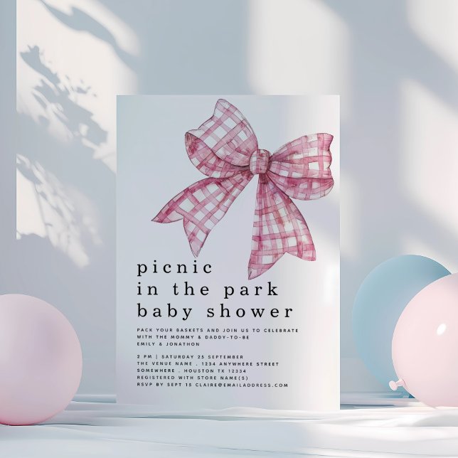 Picnic in Park Pink Gingham Bow White Baby Shower Invitation (Creator Uploaded)