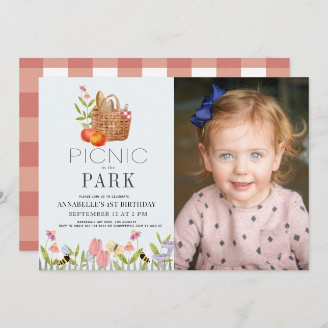 Picnic in the Park Basket 1st Birthday Photo Invitation (Front/Back)