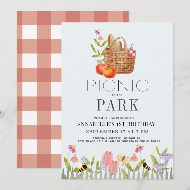 Picnic in the Park Basket Floral 1st Birthday Invitation (Front/Back)