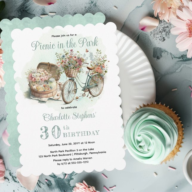 Picnic in the Park Floral 30th Birthday Party Invitation (Mint Green Floral Bicycle and Picnic Basket "Picnic in the Park" 30th Birthday Party Invitation)