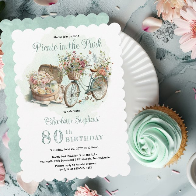 Picnic in the Park Floral 80th Birthday Party Invitation (Mint Green Floral Bicycle and Picnic Basket "Picnic in the Park" 80th Birthday Party Invitation)