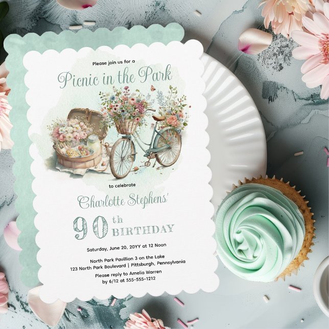Picnic in the Park Floral 90th Birthday Party Invitation (Mint Green Floral Bicycle and Picnic Basket "Picnic in the Park" 90th Birthday Party Invitation)