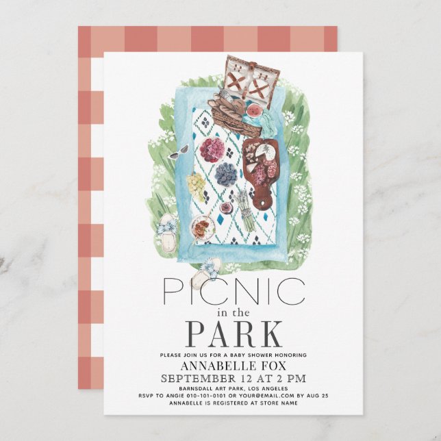Picnic in the Park Watercolor Baby Shower Invitation (Front/Back)