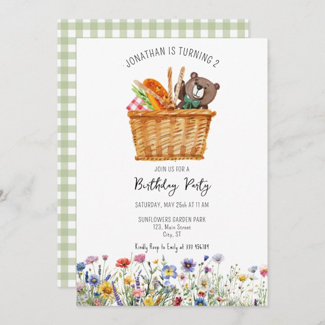 Picnic Kid Birthday Invitation Gingham wildflowers (Front/Back)