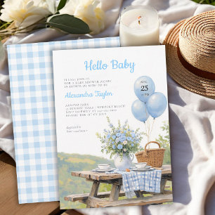Picnic Park Balloons Floral Blue Boy Baby Shower Invitation