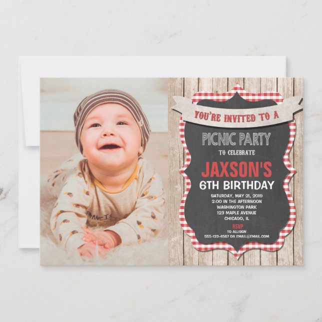 Picnic party birthday red white gingham photo invitation (Front)