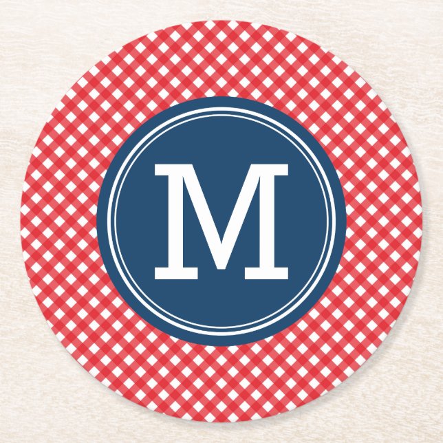 Picnic Red Country Gingham Personalise Monogram Round Paper Coaster (Front)