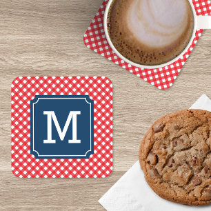 Picnic Red Gingham Personalise Name Monogram Coaster