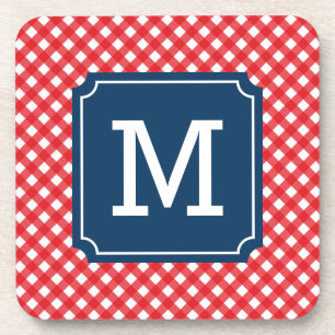 Picnic Red Gingham Personalise Name Monogram Coaster