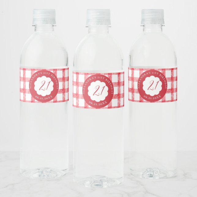 Picnic Summer Spring Red Gingham Scallops Birthday Water Bottle Label (Bottles)