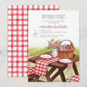 Picnic Table Watercolor Summer Red 16th Birthday Invitation