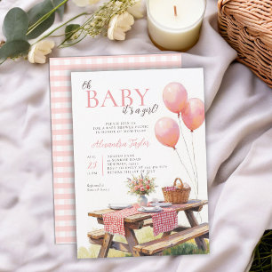Picnic Wildflowers Pink Balloons Girl Baby Shower Invitation