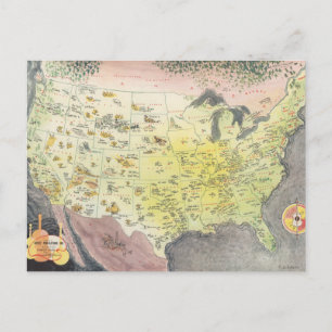 Pictorial Map of America - Cartoon Sketches Postcard
