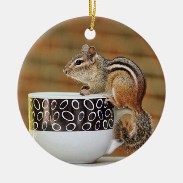 Picture of Chipmunk with Latte Coffee Cup Ceramic Tree Decoration (Front)
