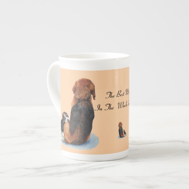 picture of cute beagle puppy cuddling mum dog bone china mug (Front Left)