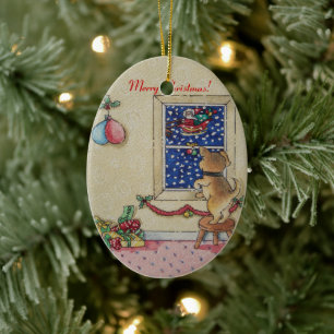 picture of cute puppy at christmas  ceramic tree decoration
