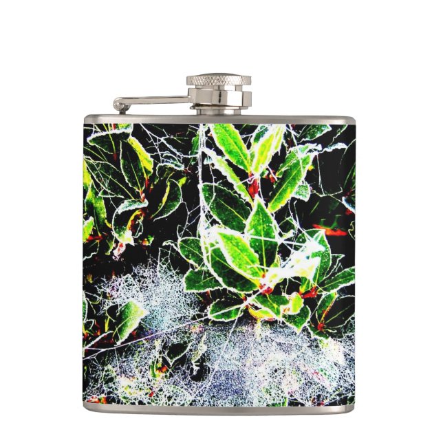 picture of frost covered holly and berries  hip flask (Front)