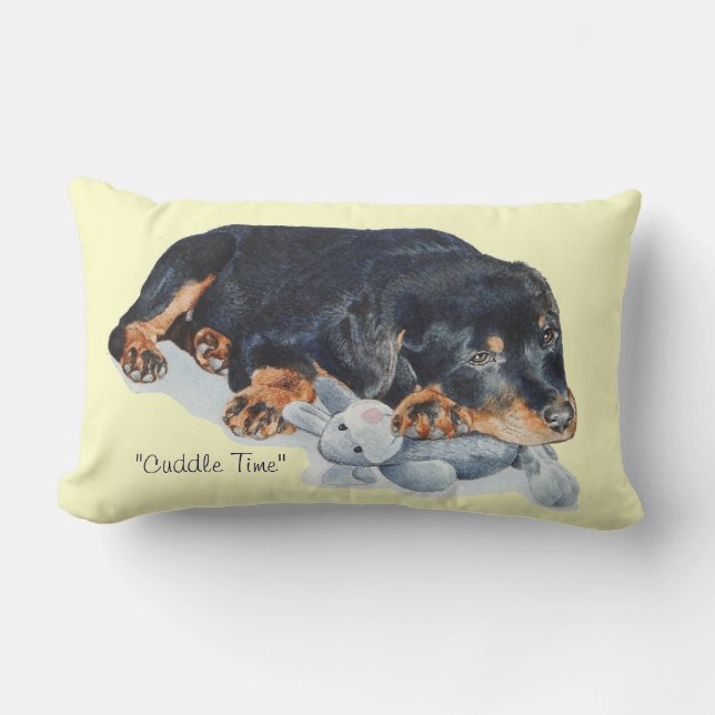 picture of rotty puppy cuddling teddy rottweiler lumbar cushion (Front)