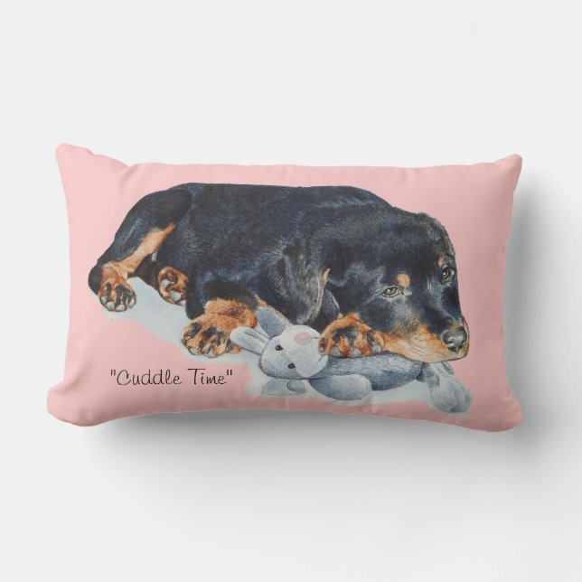 picture of rotty puppy cuddling teddy rottweiler lumbar cushion (Front)
