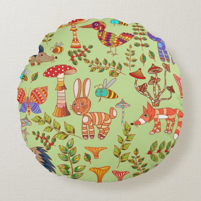 Picture of the forest life. Flora and fauna. Vinta Round Cushion (Front)
