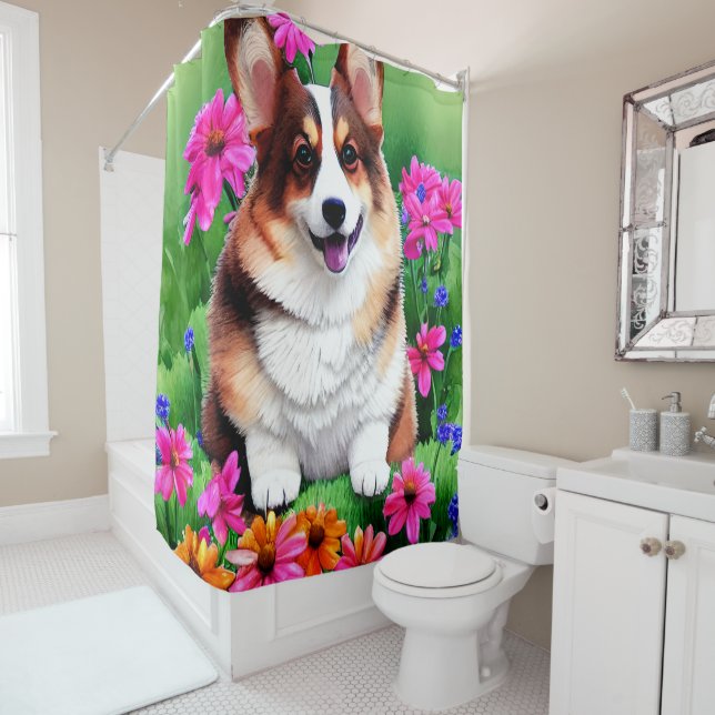 Picturesque Floral Corgi Shower Curtain (In Situ)