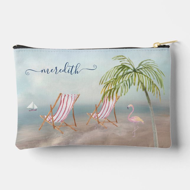 Picturesque Watercolor Beach Scene Name Accessory Pouch (Back)