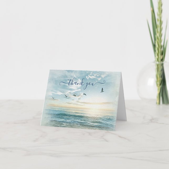 Picturesque Watercolor Beach Scene Name Thank You Card (Front)