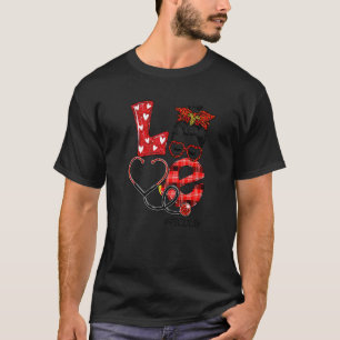 Picu Nurse Plaid Leopard Love Heart Messy Bun Rn N T-Shirt