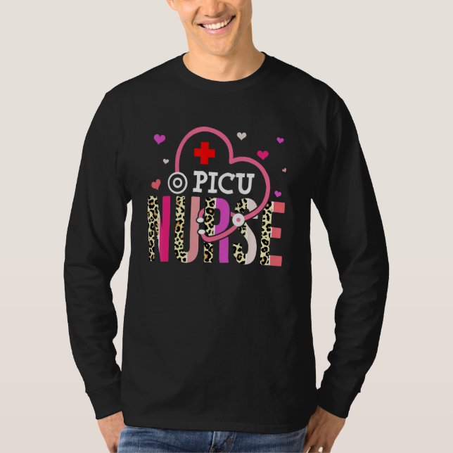 PICU Nurse Valentines Day Leopard Heart Stethoscop T-Shirt (Front)