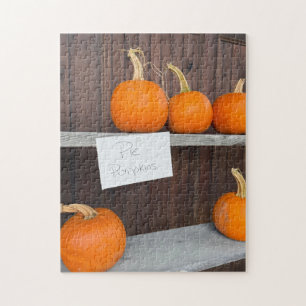 Pie pumpkins on wood shelf jigsaw puzzle