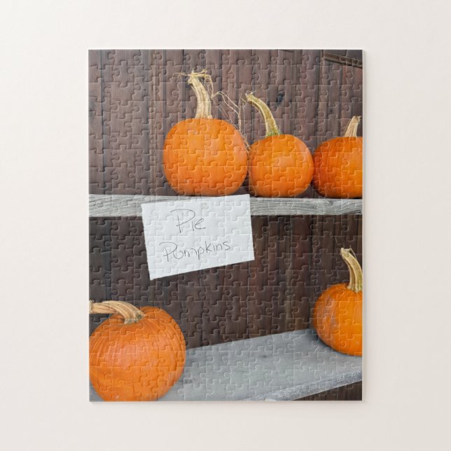 Pie pumpkins on wood shelf jigsaw puzzle (Vertical)