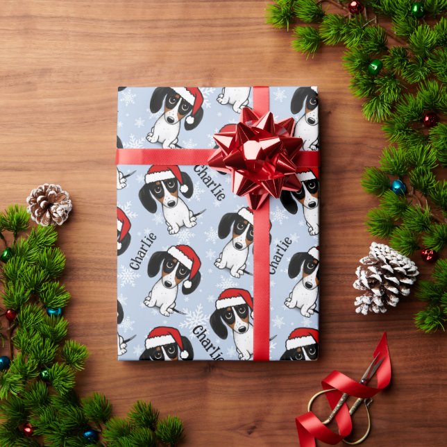 Piebald Dachshund Christmas Custom Name Cute Dog Wrapping Paper (Holiday Gift)