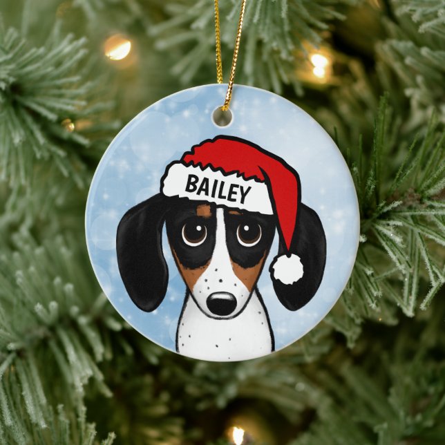 Piebald Dachshund Santa Wiener Dog Custom Name Ceramic Tree Decoration (Tree)